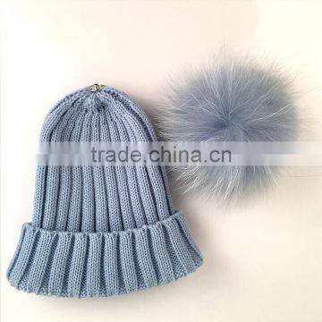 Myfur Wholesale Raccoon Fur Pom Pom Adult Couple Knitting Beanie in Sky Blue