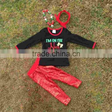 new design Christmas outfits girl baby kids wear "I'm on the nice list" red sequins pant with matching accessories set