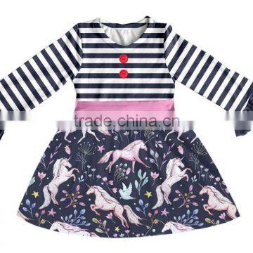 new design kids unicorn print dress remake boutique fall stripe frock design for baby girl
