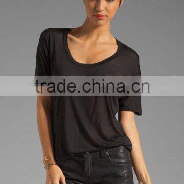 Modal Viscose Blend Loose Scoop Black Tee Shirts Wholesale