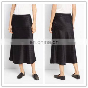 European Style Black Polka Dot Women High Waist A Line Silk Satin Skirt