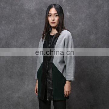 wool coat with leather patchwork design for women