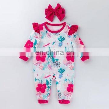 Long sleeve jumpsuit with head band bow baby rompers set 100% cotton baby jumpsuit