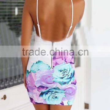 Free shipping 2015 Fashion Women white print backless sexy dress lady celebrity evening casual Party prom club Dresses Vestidos