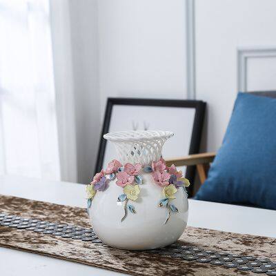 European Modern Simple Fashion Hollow Gild Knit White Ceramic Vase For Home Decor photo-2