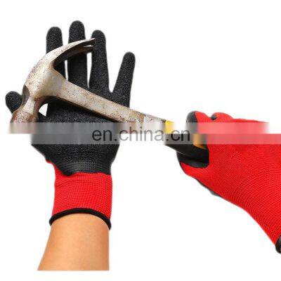 Red Anti Slip Protection Nylon Crinkle Palm Latex Coated Safety Working Industrial Housework Gloves For Construction