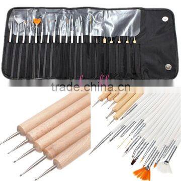 Hotselling nail art kit black case 20pcs wooden nail art dotting tool and brush