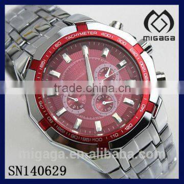 fashionable red bezel 304L s.s. wristwatches with chronograph with tachymeter*304L chronograph wristwatches