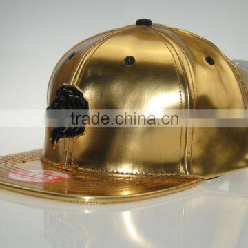 metal plate snapback caps hats/stricker customize/ golden leather 6panel strapback caps