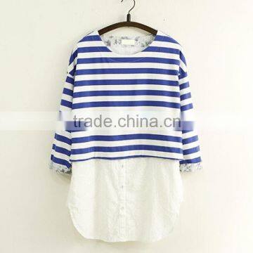 Beautiful young lady faux twinset design stripe blouse with 3/4 sleeves