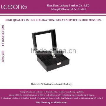 Personalized Wooden Watch Box Black Leather Cover For 6 Slots