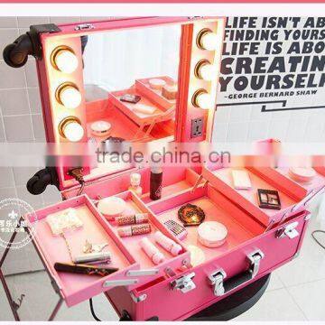 2015 New Arrival Factory Makeup Travel Outdoor Suitcase Makeup Box Cosmetics Box With LED Lamp Bulb Strip