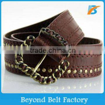 Men's Quality Brown Two Row Studded Fake PU Leather Stitched Jean Belt