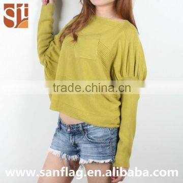 Fashion Style Ladies' Crew Neck Dolman Sleeve With Pocket in the Front Pullover Pattern Knitted Sweater From Dongguan Sanflag