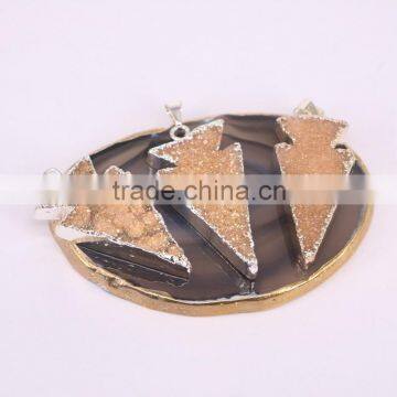 Arrow Shape Quartz Gem Stone Druzy Pendant, Gold / Silver Plated Titanium AB Orange Crystal Drusy Stone Pendant