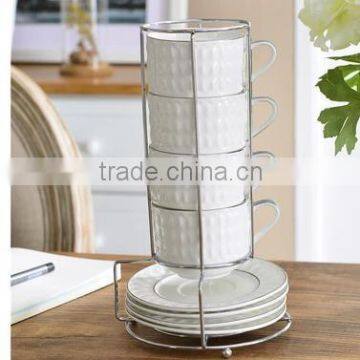 4-Piece Stackable Espresso Coffee/Tea Cup Set White and Black Fine Porcelain With Metal Stand Two Type in Stock photo-2