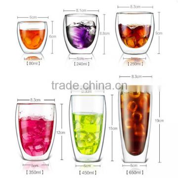 2016 most popular heat resistant double wall insulated glass coffee cup 80ml/250ml/350ml/450ml/650ml