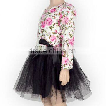 Pink Floral Top And Black Tutu Skirt Boutique Long Sleeve Dress Girls Tutu Dress photo-3