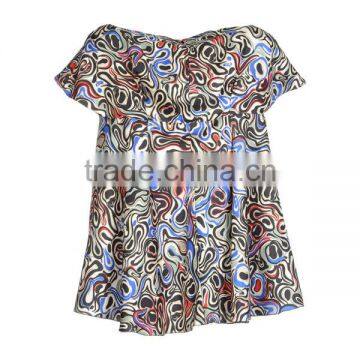 2015 Fashion Polyester Short Sleeves Print Graceful Direct Manufacturer High Quality Mandarin Collar Blouse photo-3