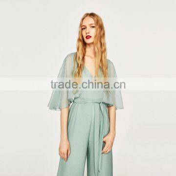 HAODUOYI Light Green Patchwork Women Jumpsuit V-neck Half Sleeve Sashes Elegant Culottes Perspective Lady Jumpsuit for Wholesale photo-3