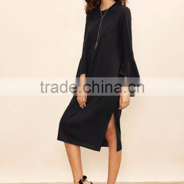 Black Bell Sleeve Split Hem Tee Dress Polyester Spandex Long Sleeve Round Neck Casual Midi Dress photo-4