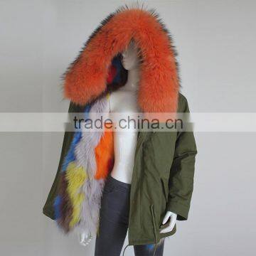 Myfur Customized Genuine Colorful Fox Fur Lining Women Parka with Raccoon Fur Hood