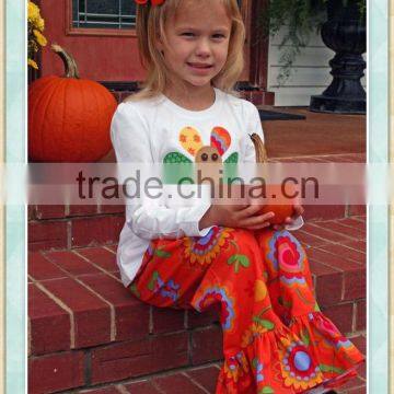 applique turkey Thanksgiving day fall turkey long white sleeve t-shirt floral ruffle orange pants fall boutique outfit winter