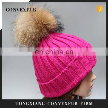 Hot pink knitting hats ribbed pattern girl lady hats raccoon fur pom pom hats