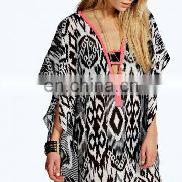 2015 Wholesale Factory Price BEADED NECK PRINTED KAFTAN Slim Embroidered Poncho/ Short Kaftan For Women Summer Wear