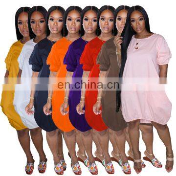 2020 New Arrivals Women Plus Size Loose Dresses Women Big Casual Dresses Ladies Solid Color Loose Summer Dresses