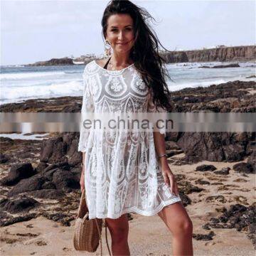 Summer Swimsuit Lace Crochet Hollow Beach Bikini Cover Up Women Tops Swimwear Beach Dress White Beach Tunic Loose Shirt