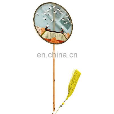 Chinese Style Multi-pattern Silk Embroidery Dual-faced Handmade Fan With Long Wooden Handle And Tassel pendant(20*51cm)