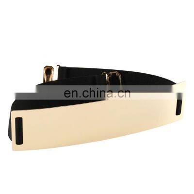 Women Elastic Belt Material Mirror Metal Waist Belt Metallic Bling Gold Plate Wide fashion Band