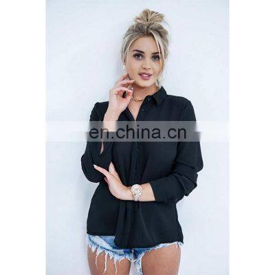 Wholesale Custom Women's Tops New Fashion Western Style Backless Lace Splicing Lapel Long Sleeve Irregular Chiffon Shirt photo-5