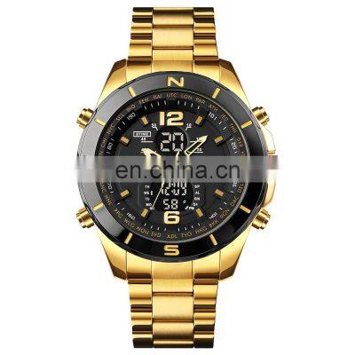 SKMEI 1670 Golden Stainless Steel Watch Men Analog Digital Wrist Watch with Countdown Timer