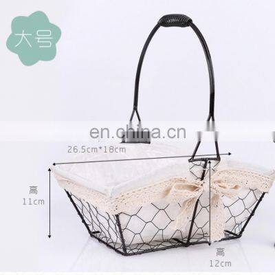 New Flower Girl Basket Picnic Hanging Basket Dark Brown Metal Wire Fabric Food Fruit Storage Flower Basket With Handles photo-2