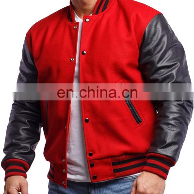 Wholesale plain men or women custom black baseball Letterman varsity jacket with leather sleeves