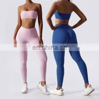 New Women Sexy Workout Strapless Bandeau Tube Top Bra High Waist Scrunch Butt Lift Leggings 2 Piece Fitness Gym Yoga Suit Set