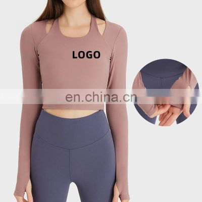 Sexy Halter Neck Long Sleeve Gym Yoga Wear Tik Tok Slim Fit Sports Fitness Crop Top Ladies Tumb Hole Fashion T Shirt For Women