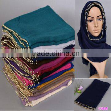 2016 Latest Fashion Women Ladies' Plain Cotton Linen Beaded Hijab Scarf                        
                                                Quality Choice