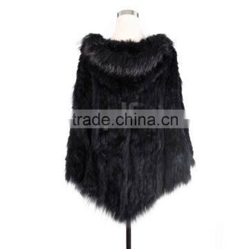 QD0807 Woman Knitted Rabbit Fur Poncho With Raccoon Fur Trim and Bigger Hood photo-3