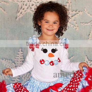 Christmas Red Blue Polka Dots Snowman White Long Sleeves Tee