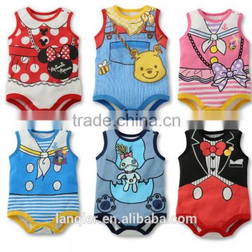 100% cotton cartoon baby cloth set in stock , sleeveless baby romper