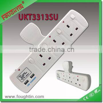 T-TYPE ADAPTOR 13A TO 3WAY UK SOCKET WITH DIVIDUAL SWITCH AND NEON.2*USB