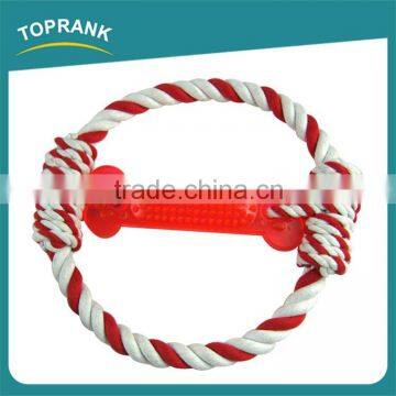 Hot selling dog training toys red white bone cotton rope flying disk