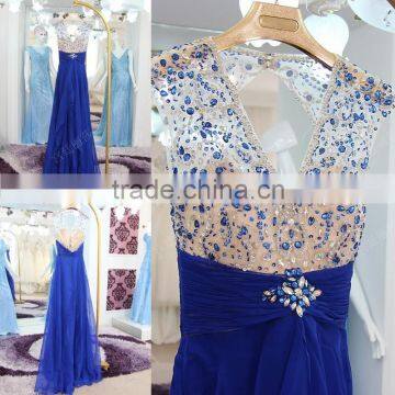 Custom Made Sexy V-neck See Through Bodice Royal Blue Evening Dresses 2016 Pleated Sash Beaded Open Back Long Party Dress ML194