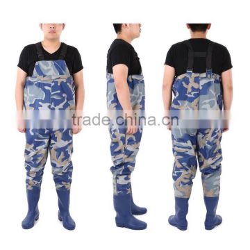 low MOQ custom made durable cheap camo waterproof pvc sheet coated polyester as backing chest high fishing wader