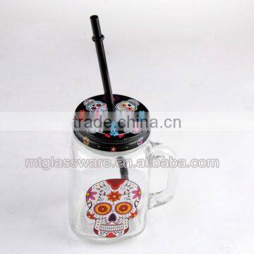 Halloween Smile Skull Decal Glass Mason Jar With Handle 16oz photo-3