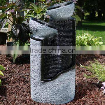 Dark Gray Stone Pillar & Silver Bowls Outdoor Water Fountain photo-2