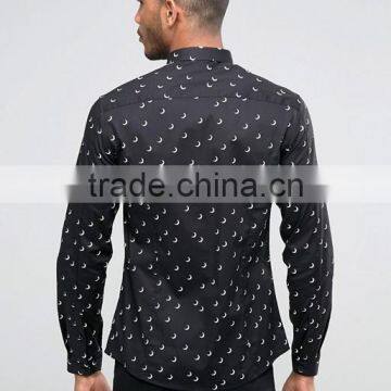Hot Sale Custom Long Sleeve Point Collar Mens Pre-Shrunk 97% Cotton 3% Elastane Breathable Slim Fit Casual Black Printed Shirts photo-2